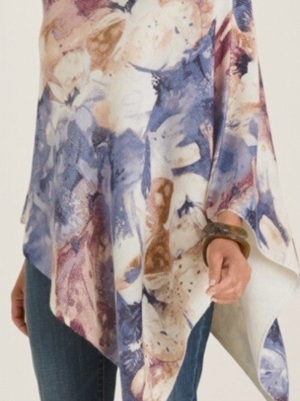 Chico's Watercolor Floral Asymmetrical Poncho in Blue, Cream & Brown